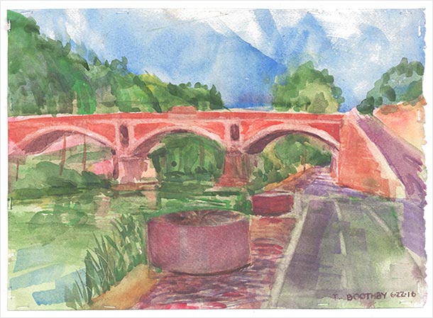 watercolor sketch of bridge over a river